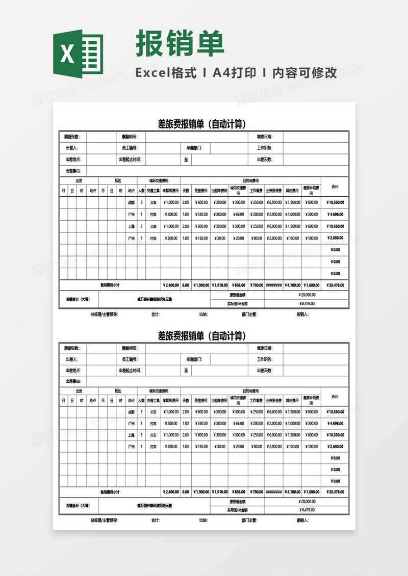 差旅费报销单（自动计算）Excel模板
