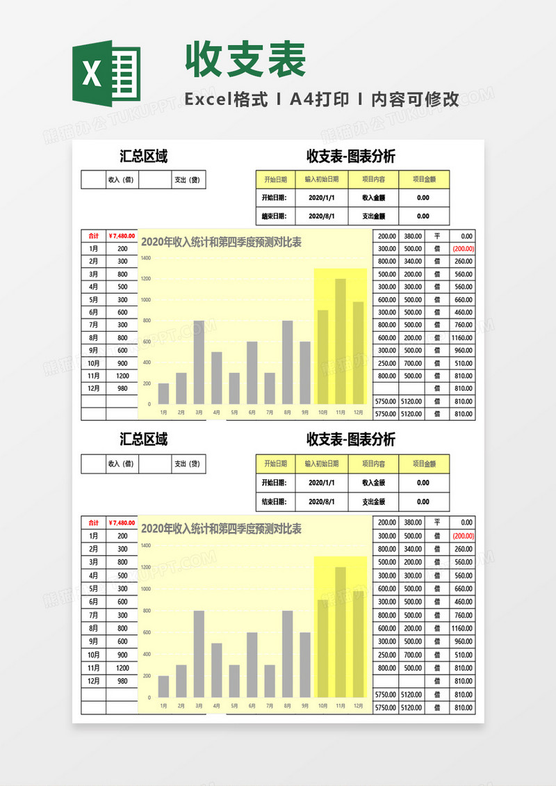收支表（含图表分析）Excel模板