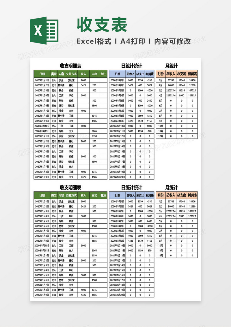 收支明细表-月统计表（含图标分析）Excel模板
