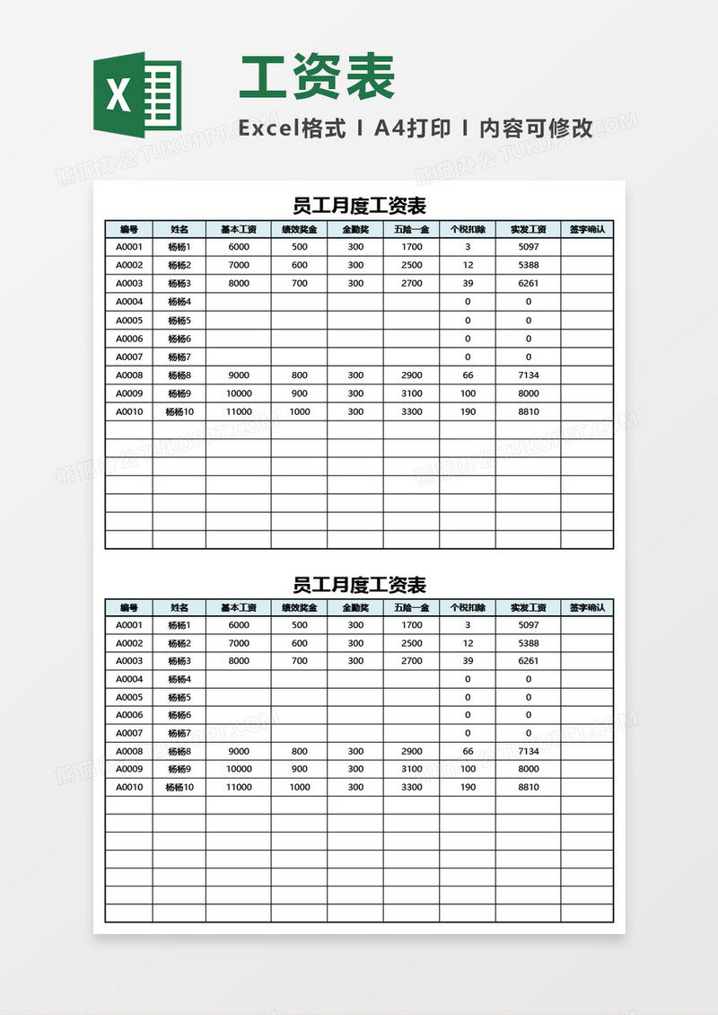 最新员工月度工资表Excel模板