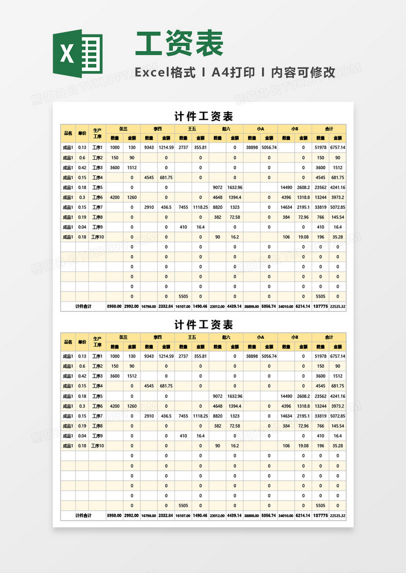 计件工资表Excel模板