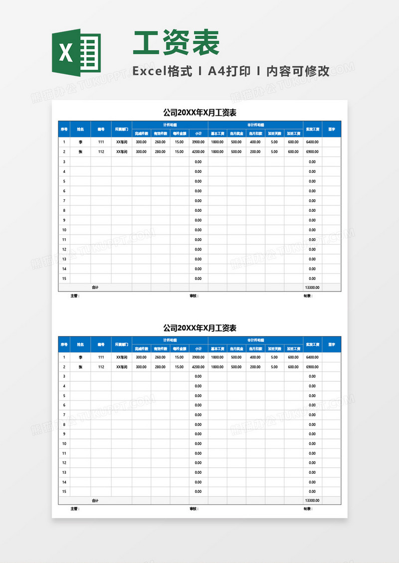 实用公司月工资表Excel模板