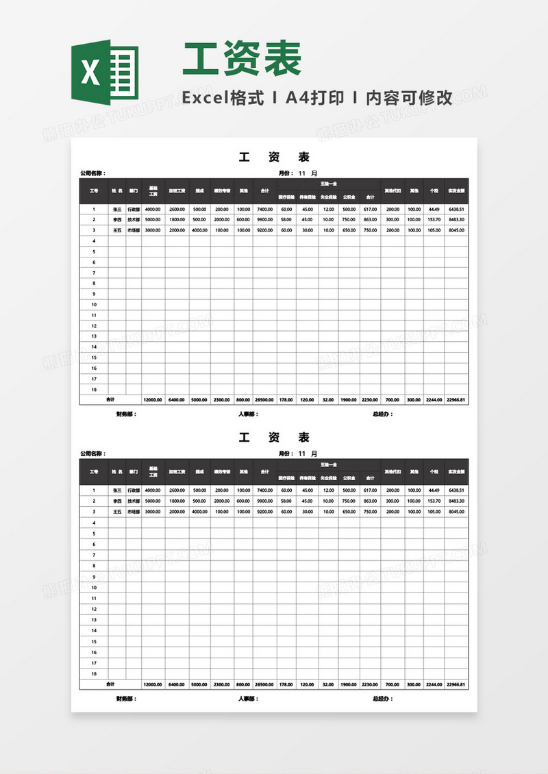 实用员工月度工资表Excel模板