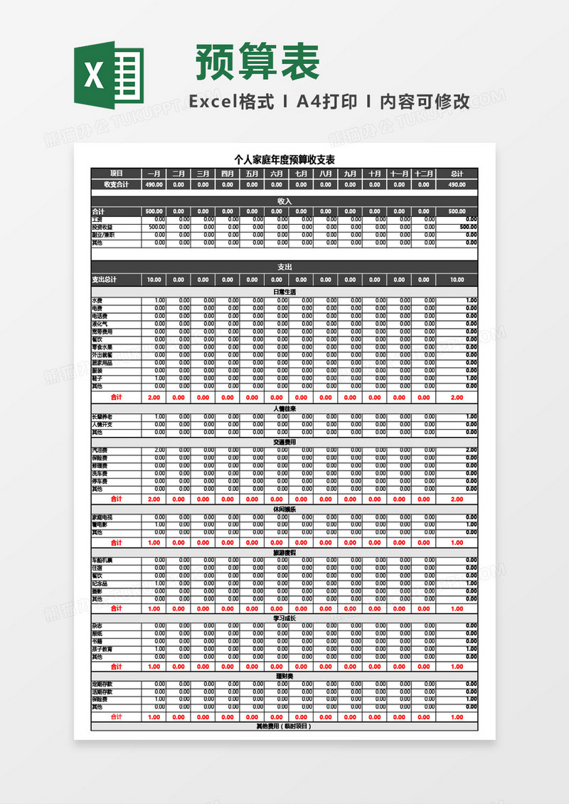 个人家庭年度预算收支表Excel模板