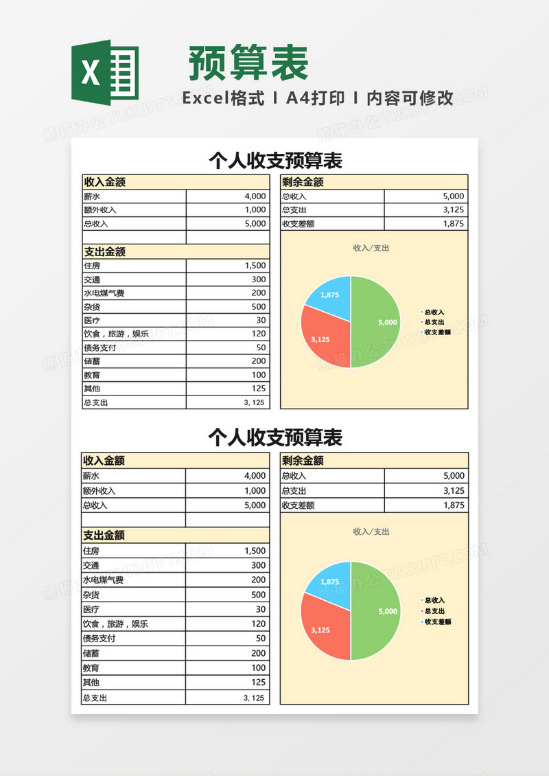 个人收支预算表通用Excel模板