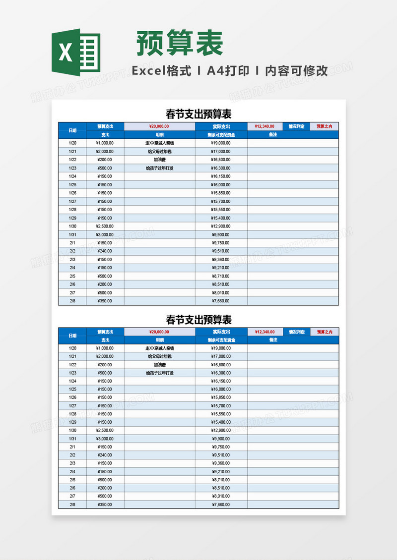 春节支出预算表Excel模板