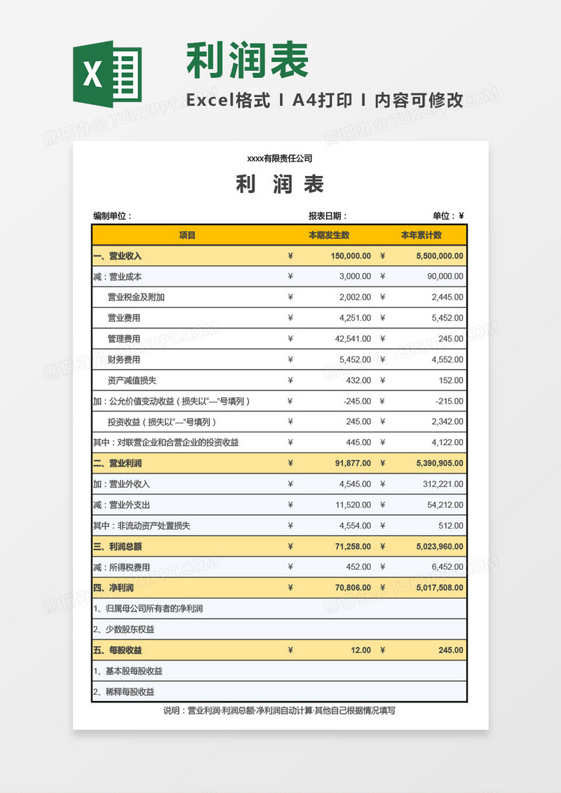 公司财务利润表Excel模板