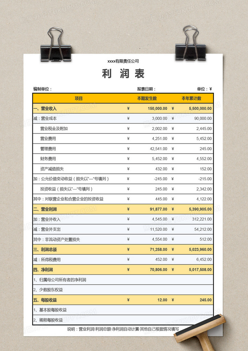 公司财务利润表excel模板