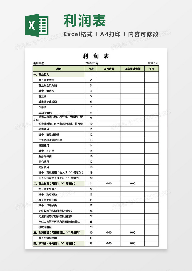 财务利润表通用Excel模板