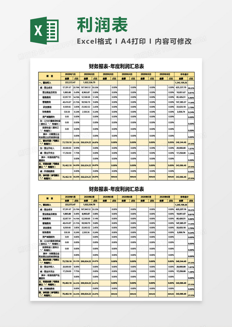 财务报表-年度利润汇总表Excel模板