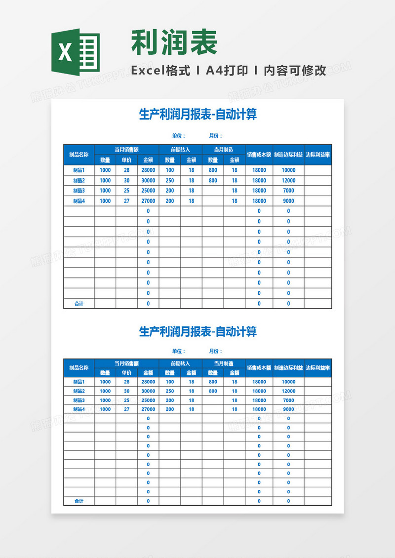 生产利润月报表-自动计算Excel模板