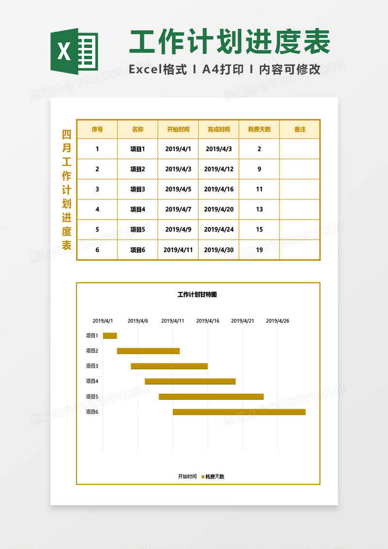 工作计划进度表（含甘特图）Excel模板