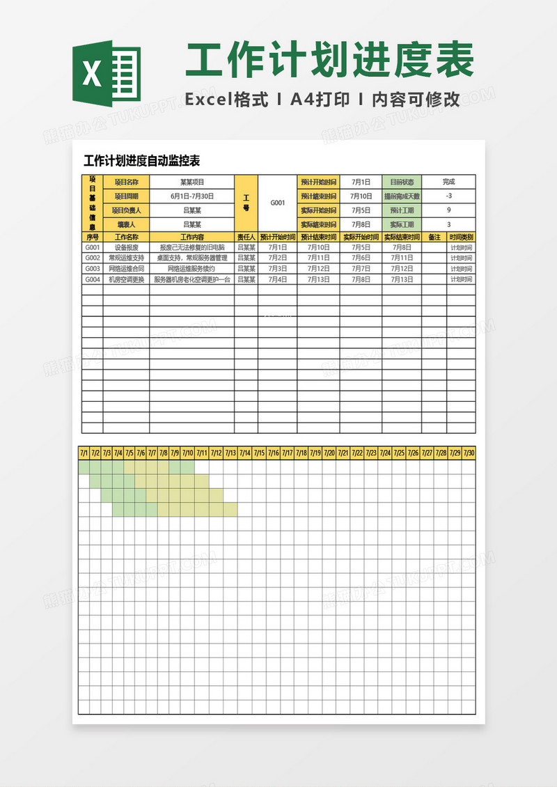 工作计划进度自动监控表Excel模板