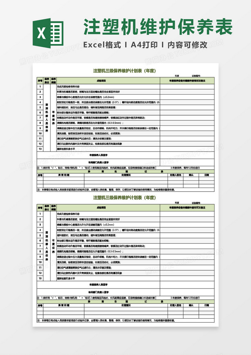 注塑机三级保养维护计划表（年度）Excel模板