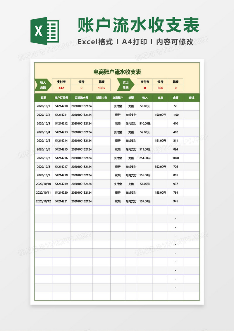 电商账户流水收支表Excel模板