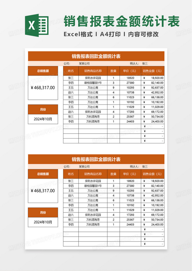 销售报表回款金额统计表excel模板