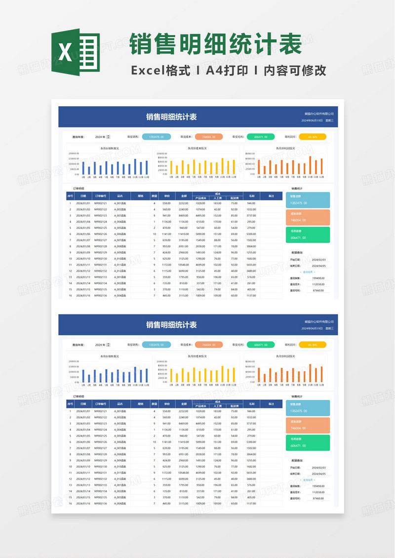 商务简洁销售明细统计表excel模板
