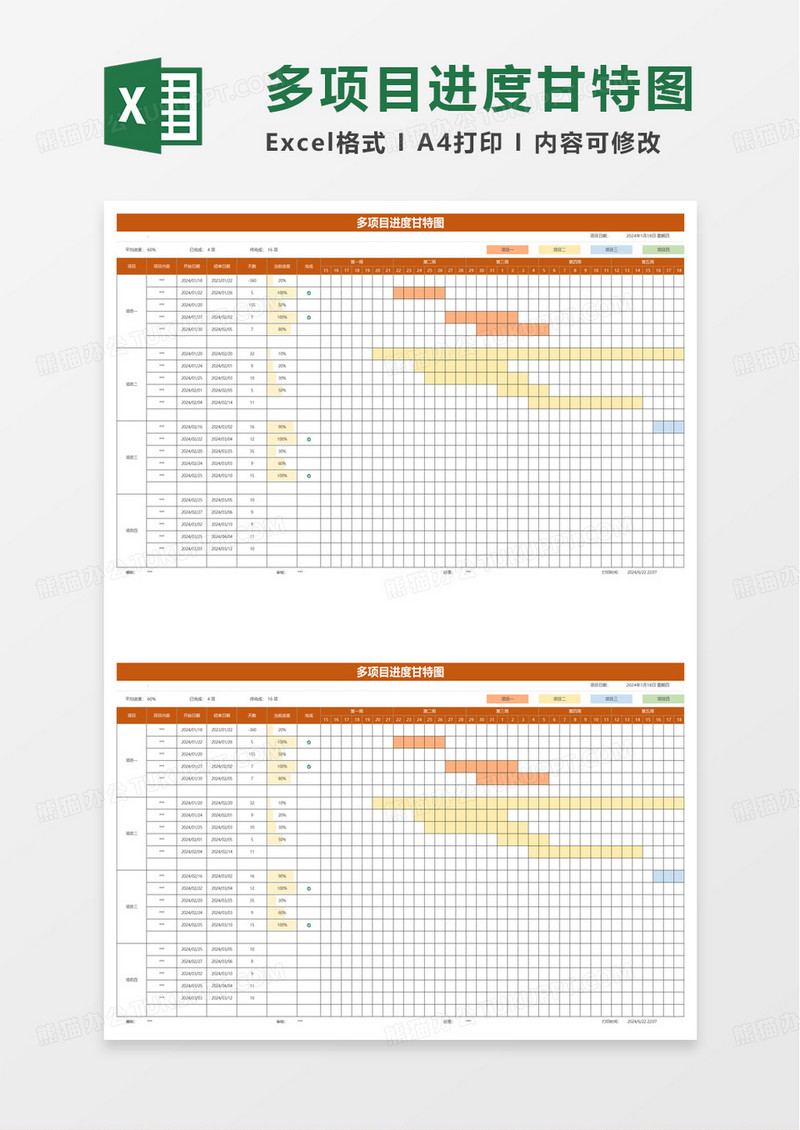 多项目进度甘特图excel模板