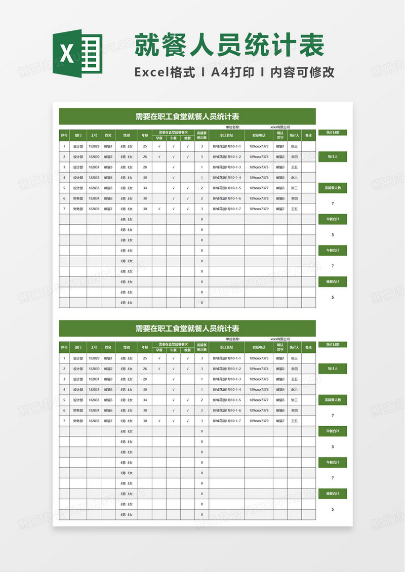 需要在职工食堂就餐人员统计表excel模板