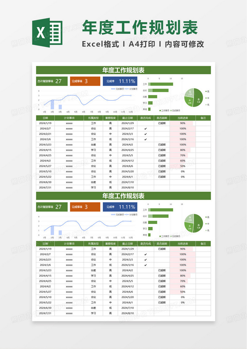 简洁实用年度工作计划表excel模板