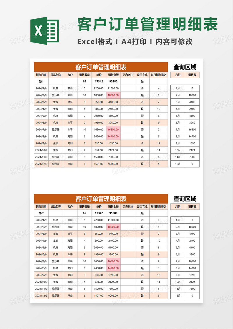 客户订单管理明细表excel模板