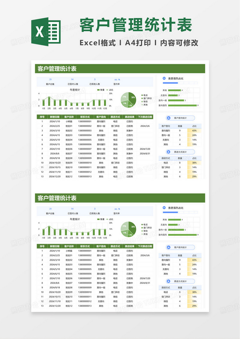 绿色简洁客户跟进管理表excel模板