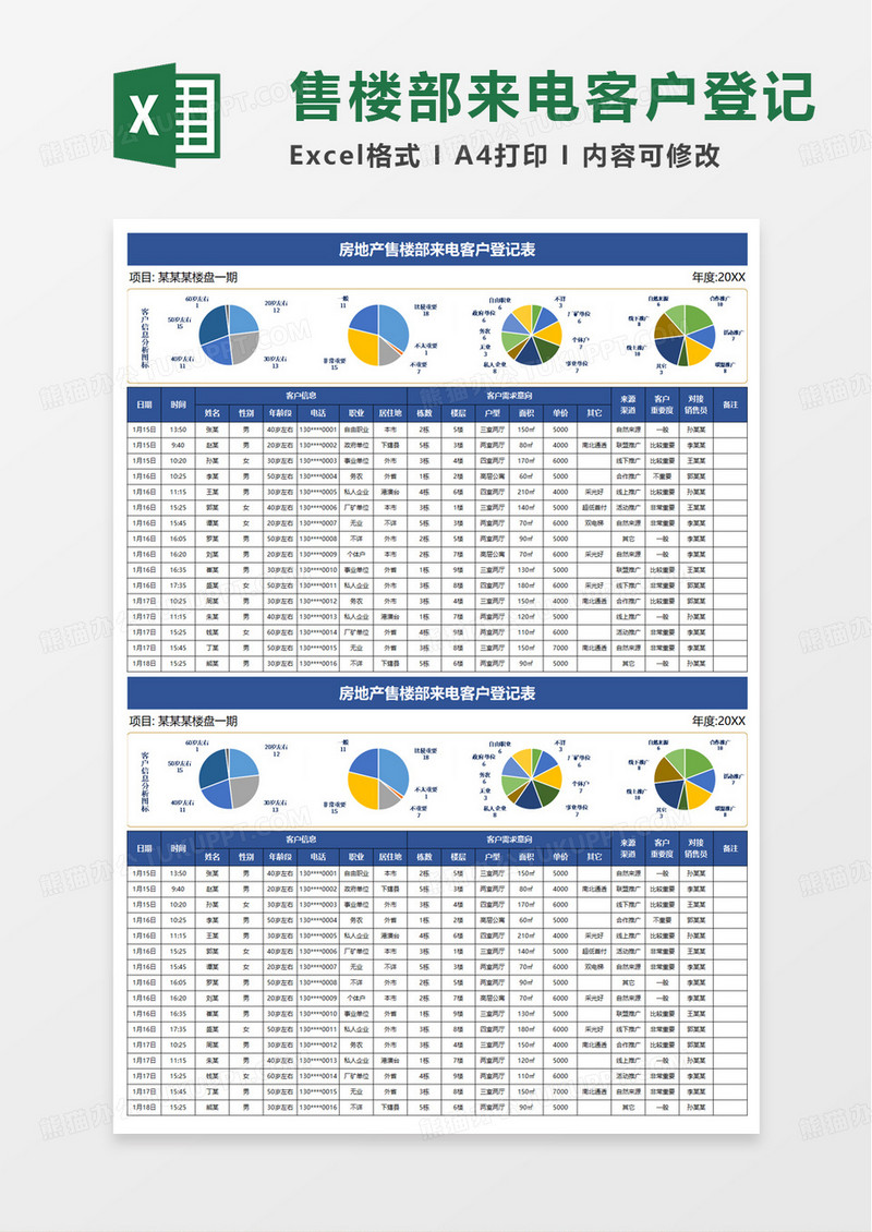 房地产售楼部来电客户登记表excel模板