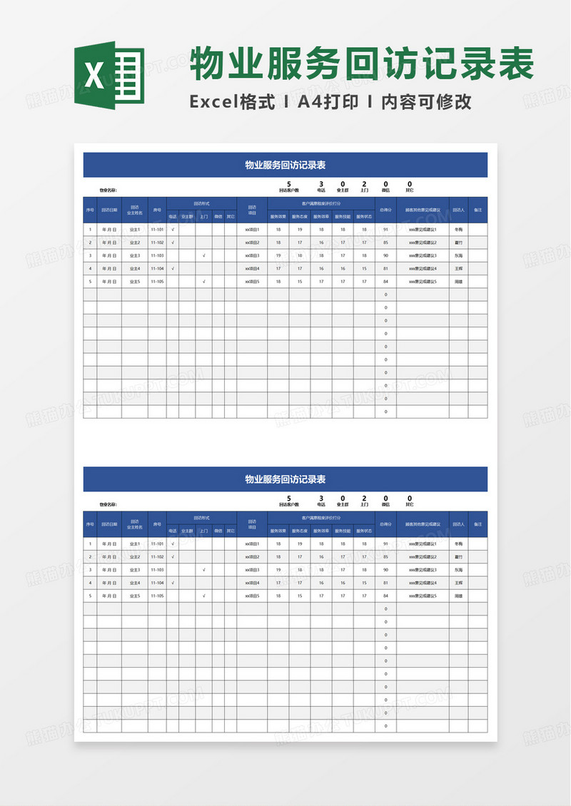 物业服务回访记录表excel模板