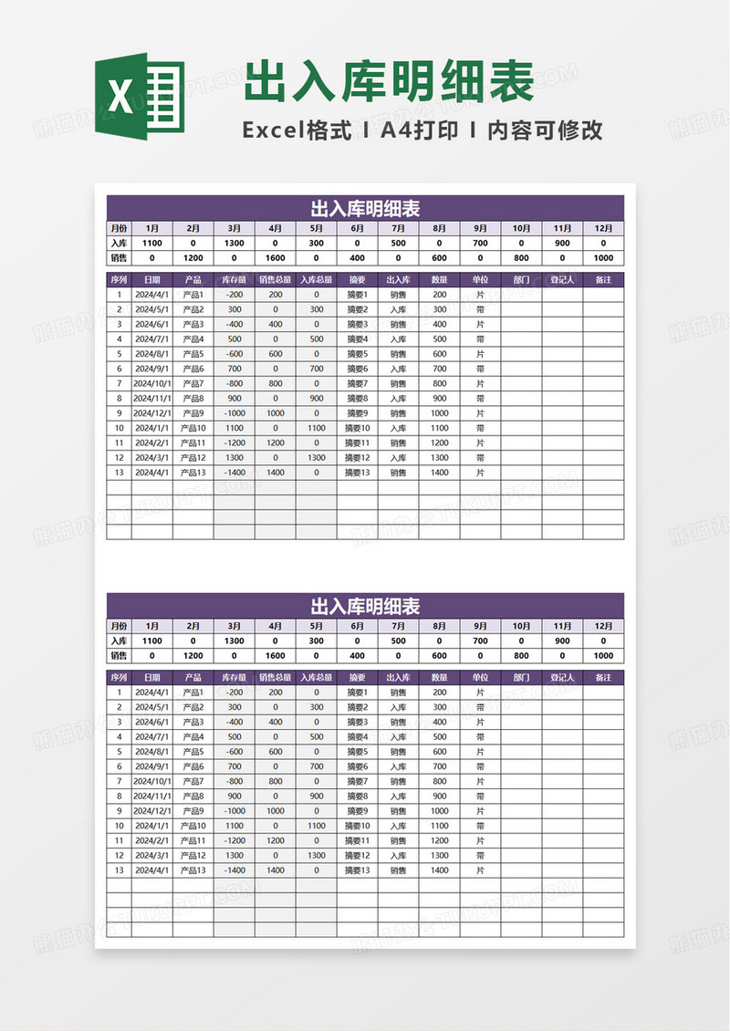 简洁实用通用出入库明细表excel模板