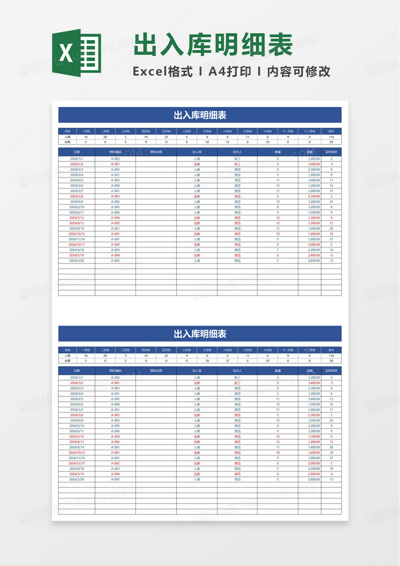 简洁通用实用出入库明细表excel模板