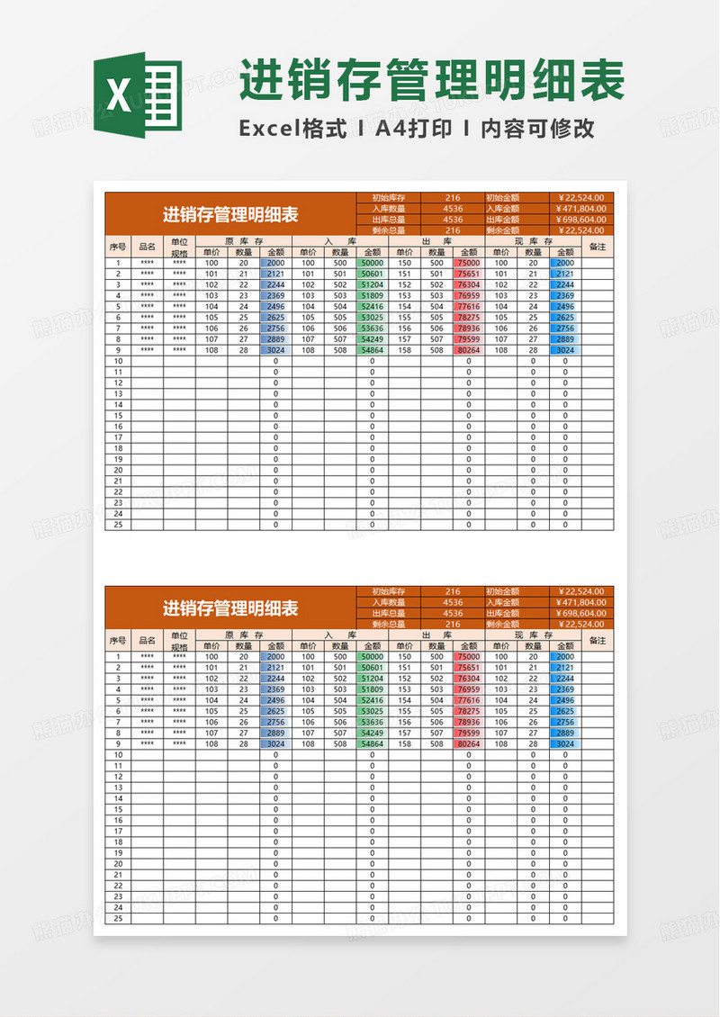 简洁通用进销存明细表excel模板