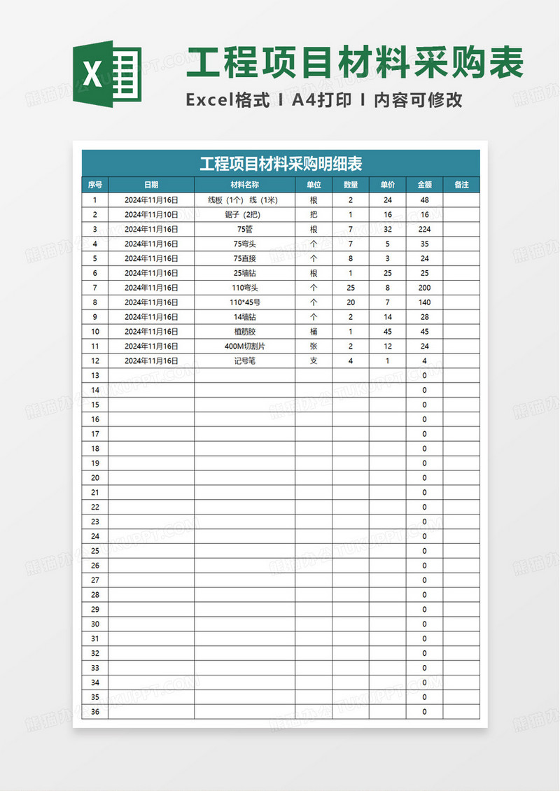 工程项目材料采购明细表excel模板