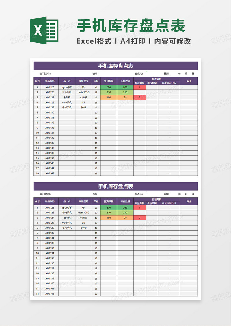 手机库存盘点表excel模板