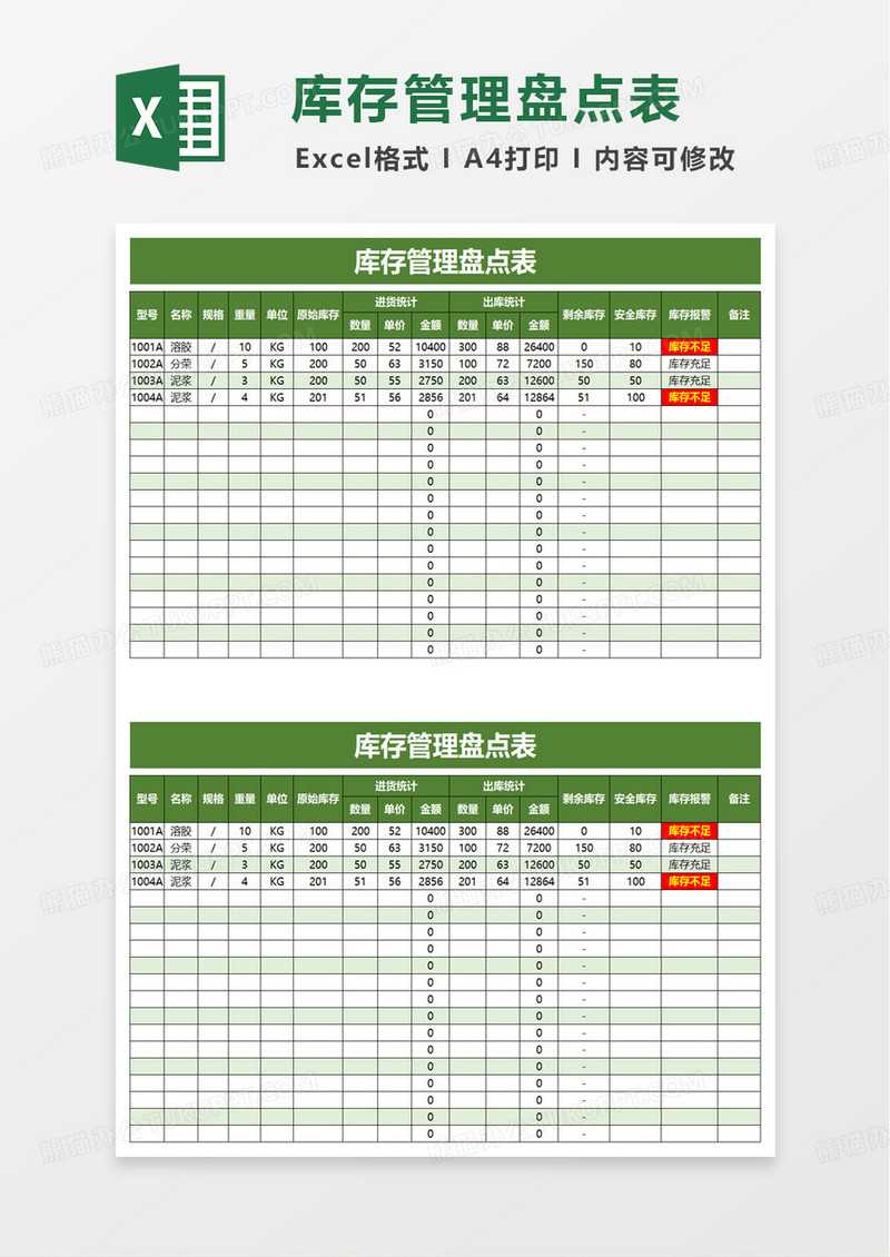 绿色简洁库存管理盘点表excel模板