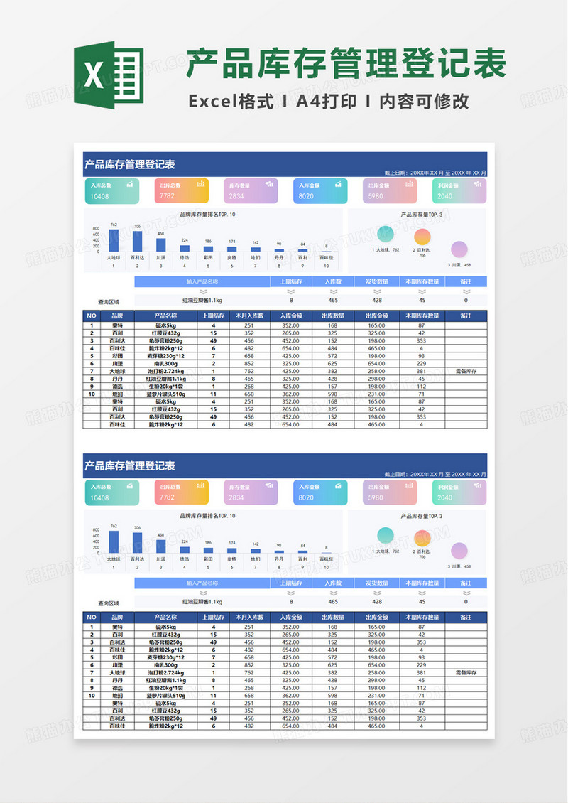 简洁产品库存管理登记表excel模板