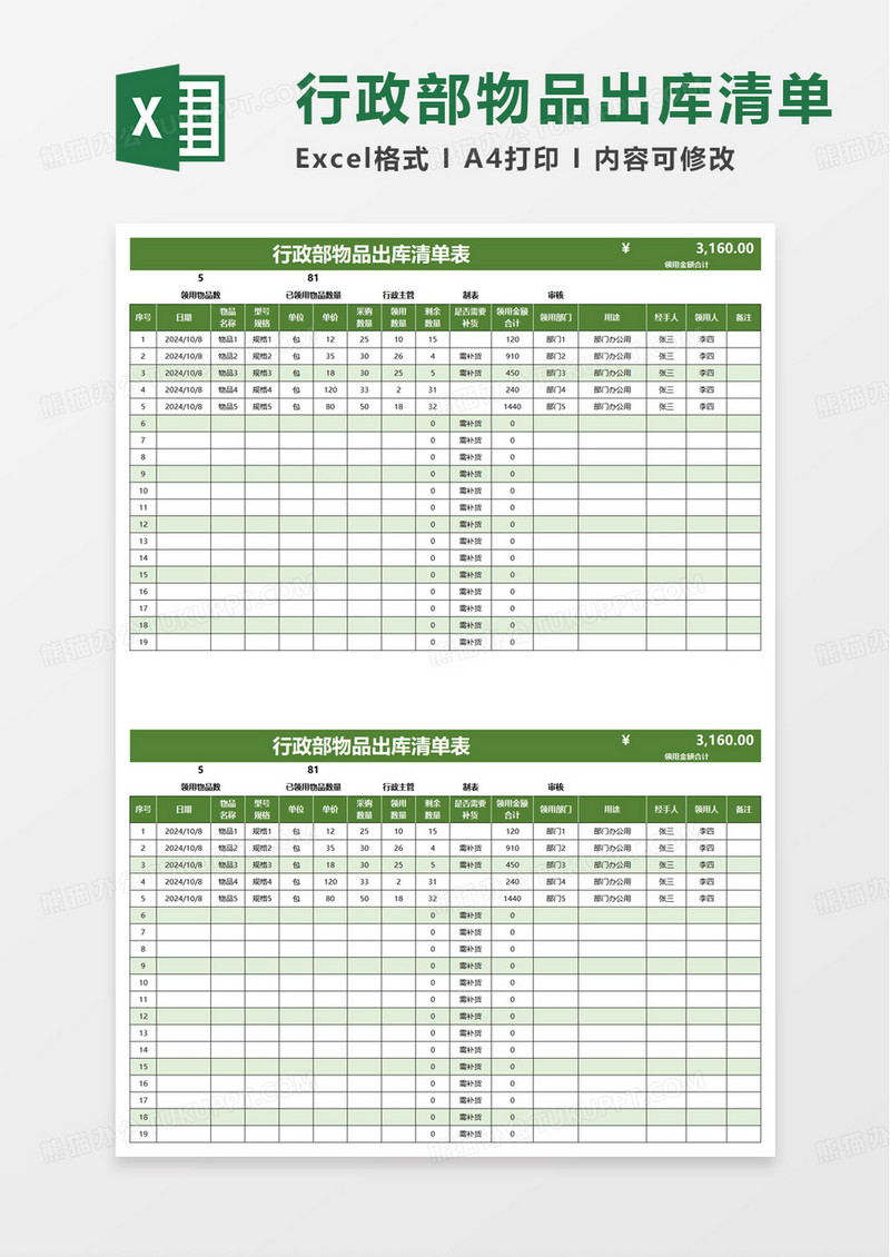 实用行政部物品出库清单表excel模板