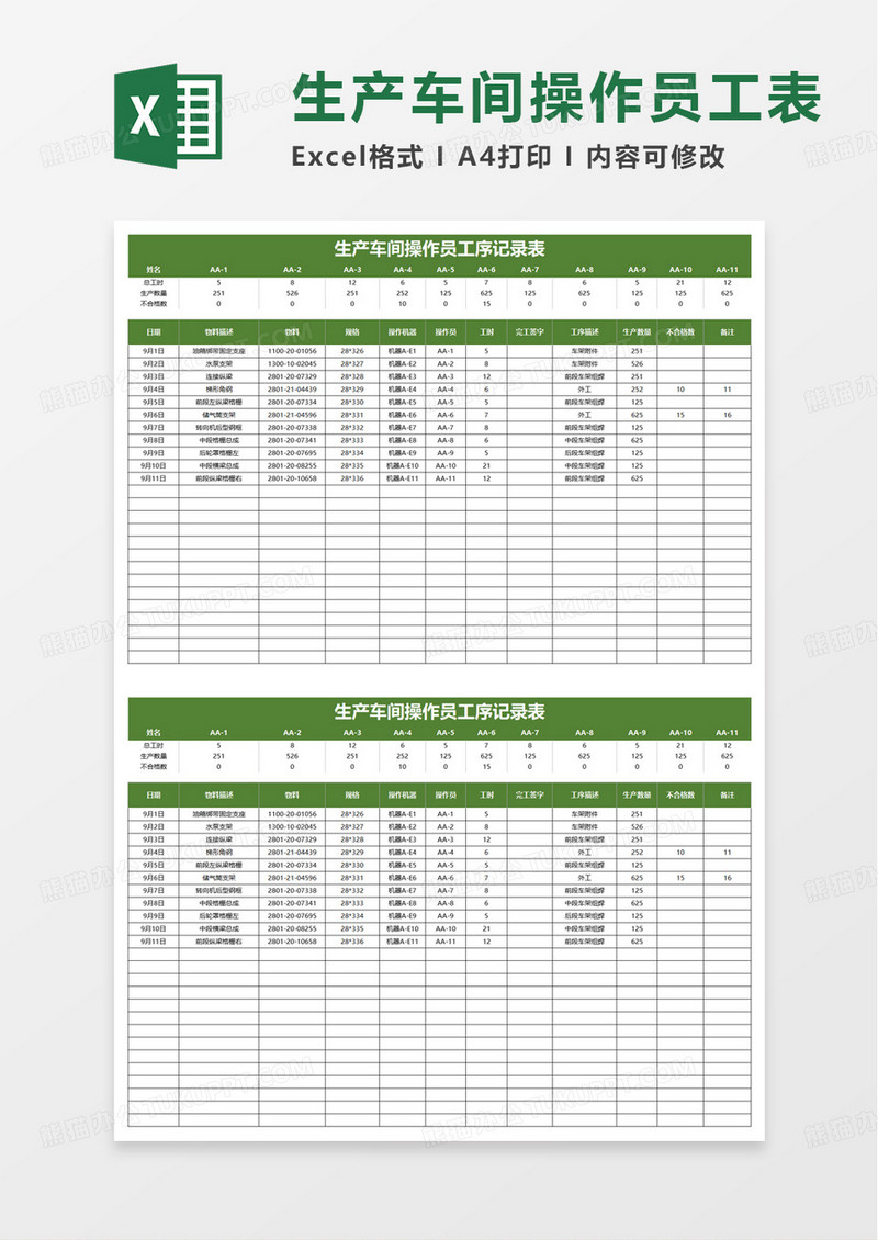 生产车间操作员工序记录表excel模板