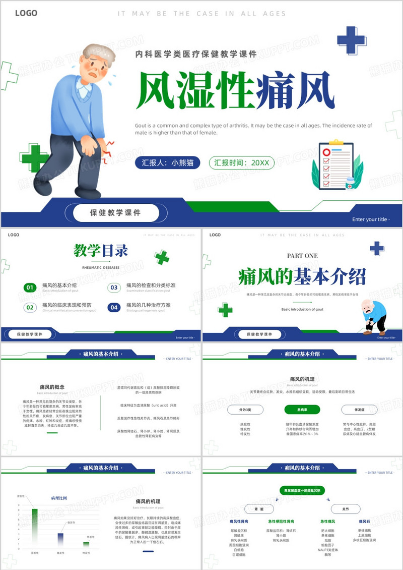 蓝色简约风风湿性痛风PPT模版