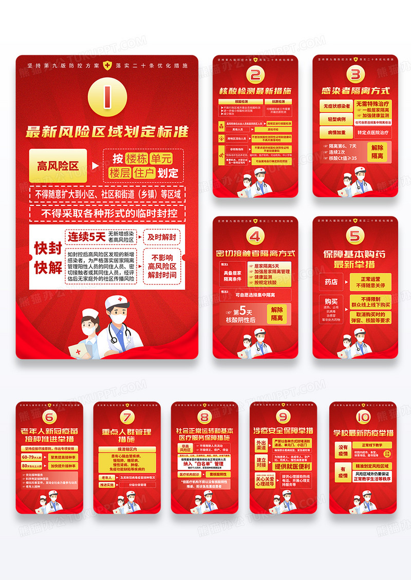 红色卡通进一步优化疫情防控新10条宣传海报