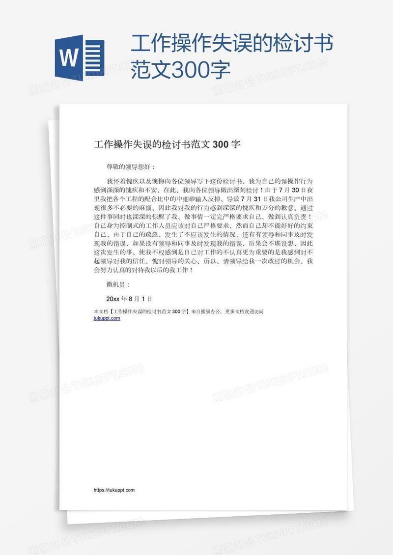 工作操作失误的检讨书范文300字