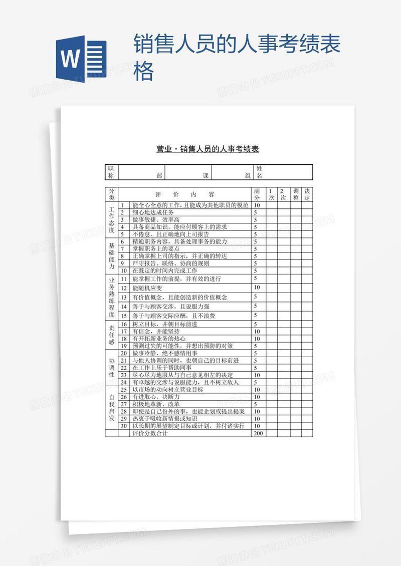 销售人员的人事考绩表格