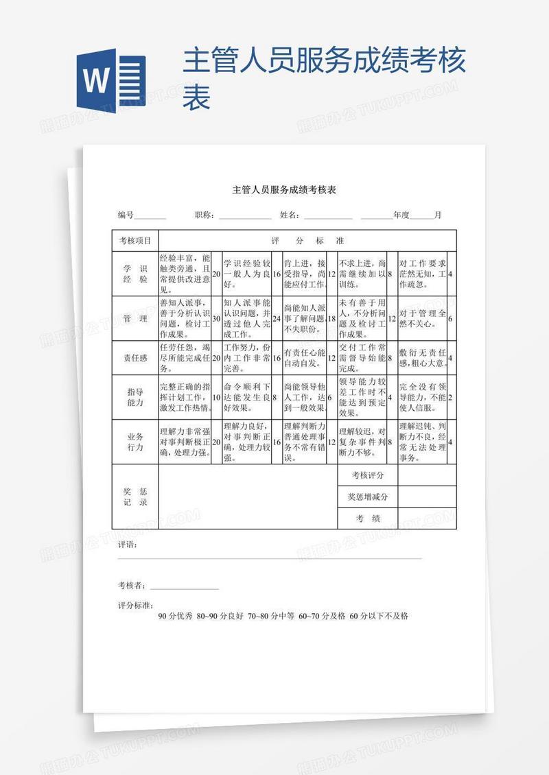 主管人员服务成绩考核表