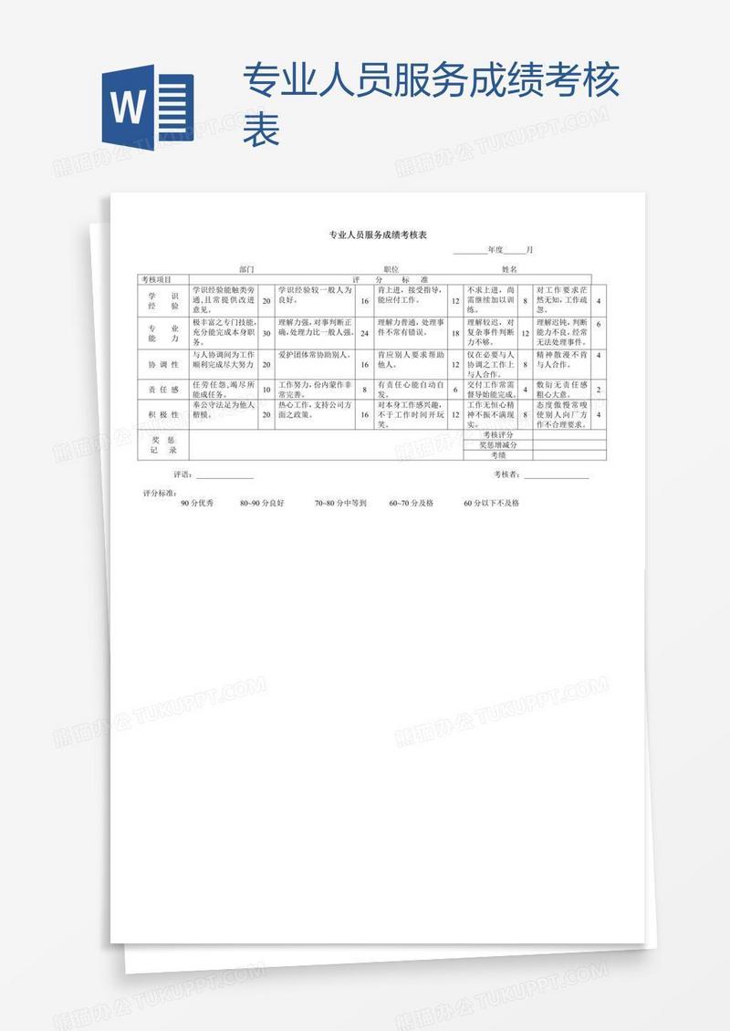专业人员服务成绩考核表