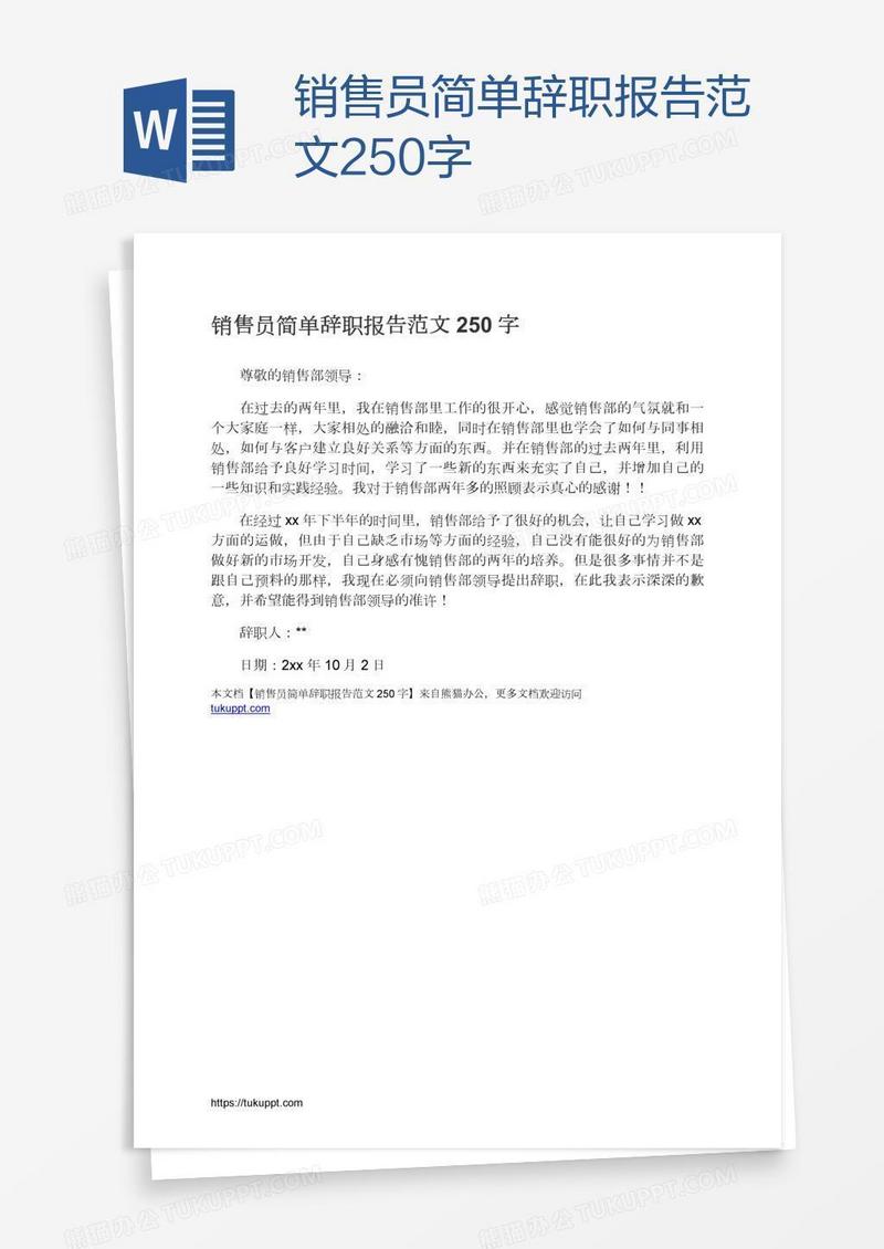 销售员简单辞职报告范文250字