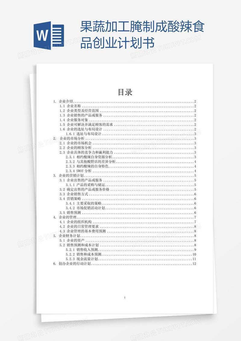 果蔬加工腌制成酸辣食品创业计划书