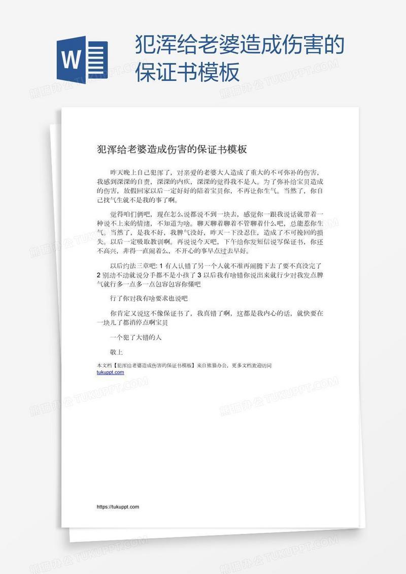 犯浑给老婆造成伤害的保证书模板