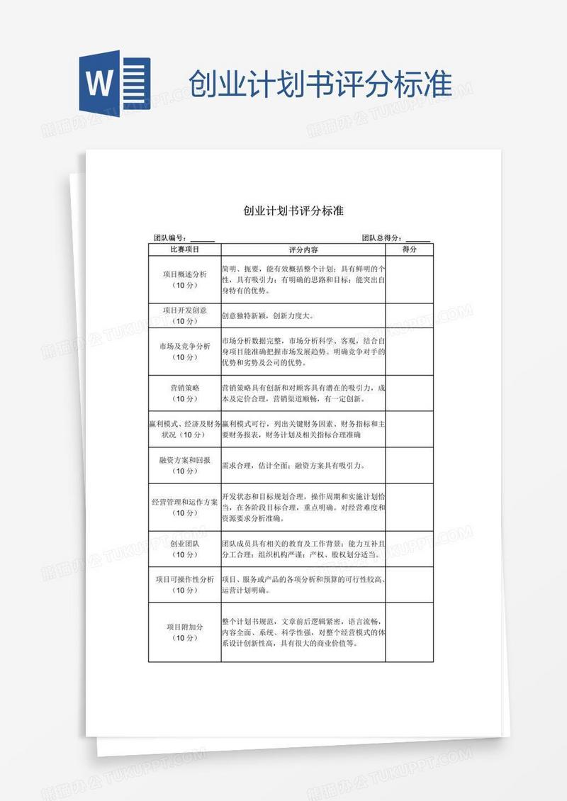 创业计划书评分标准