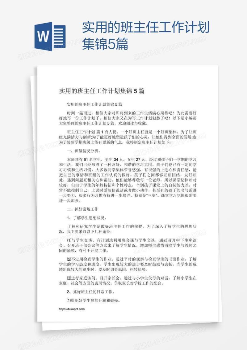 实用的班主任工作计划集锦5篇