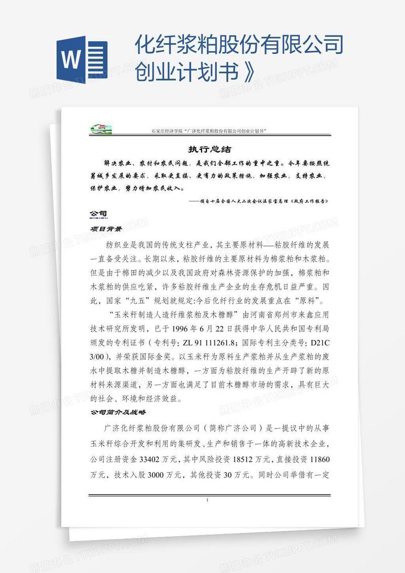 化纤浆粕股份有限公司创业计划书》