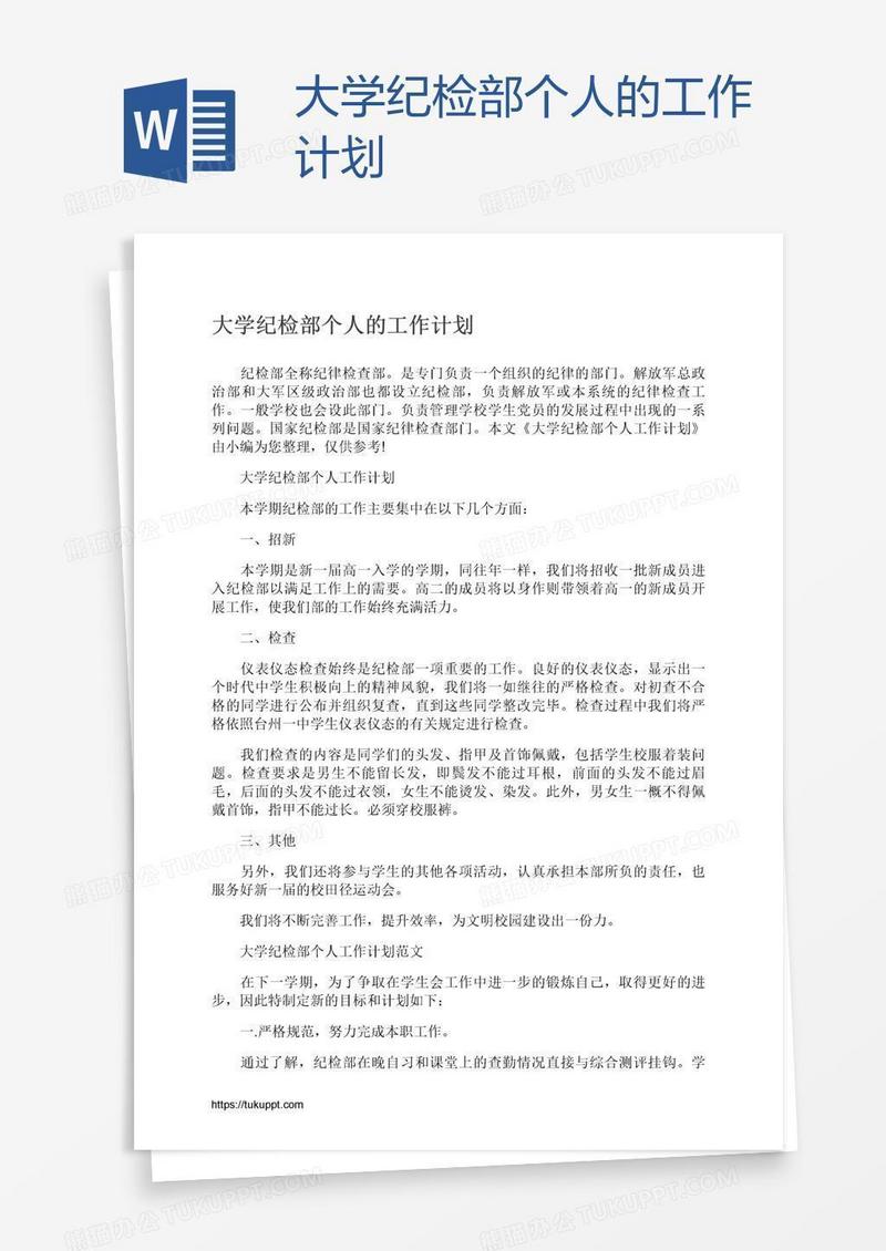 大学纪检部个人的工作计划